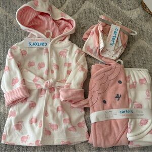 Carter's Pink and White bath robe towels washcloth Set with Animal Prints